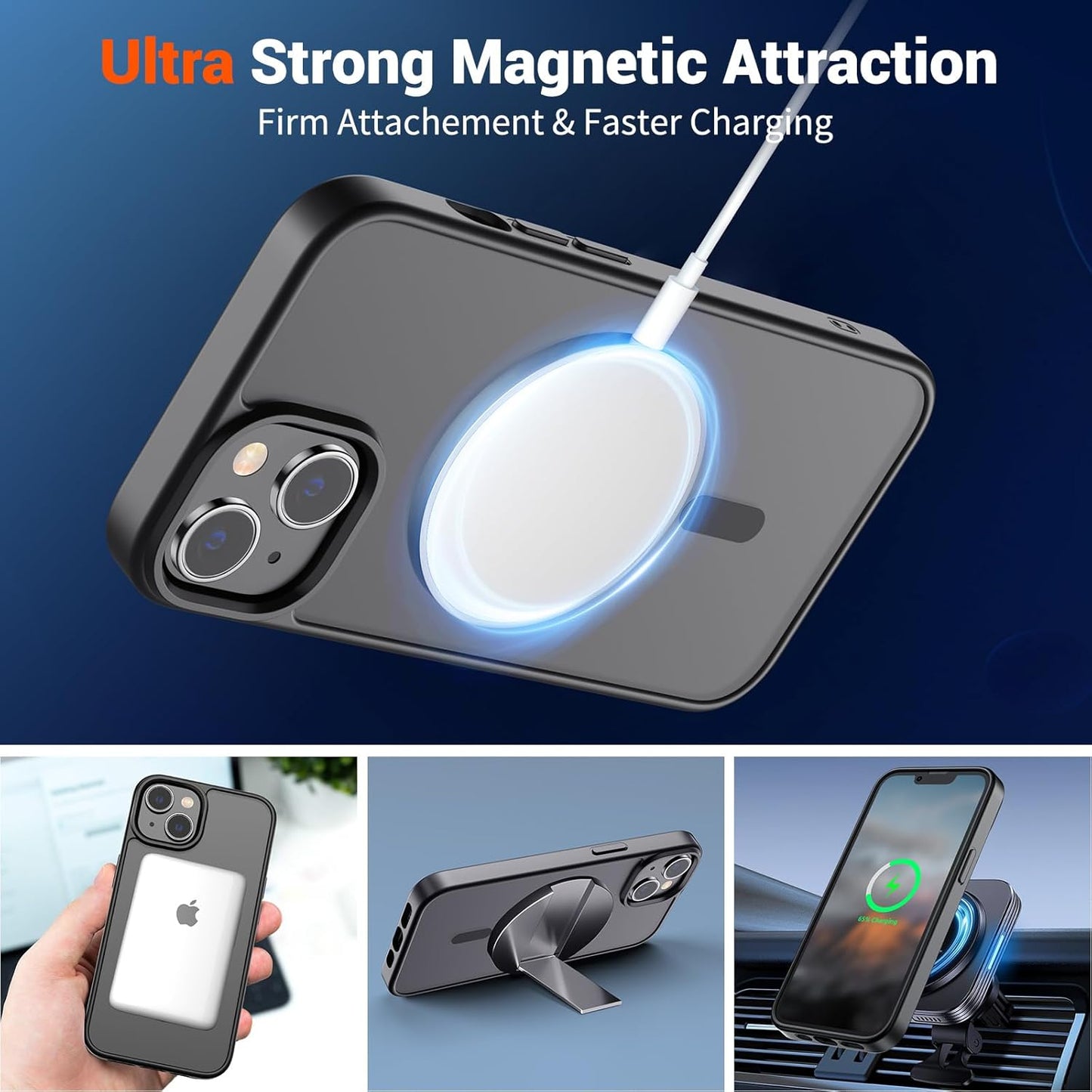 IPHONE 14 Magnetic Case & iPhone 13 Case (Compatible with MagSafe)(Military Grade Drop Protection) Translucent Matte Shockproof Phone Cover,Black